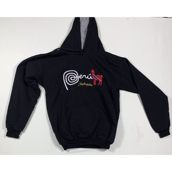 Peru Hoodie Kids Size Small Black Sweatshirt Colorful Llama Peruvian Logo - Picture 1 of 5